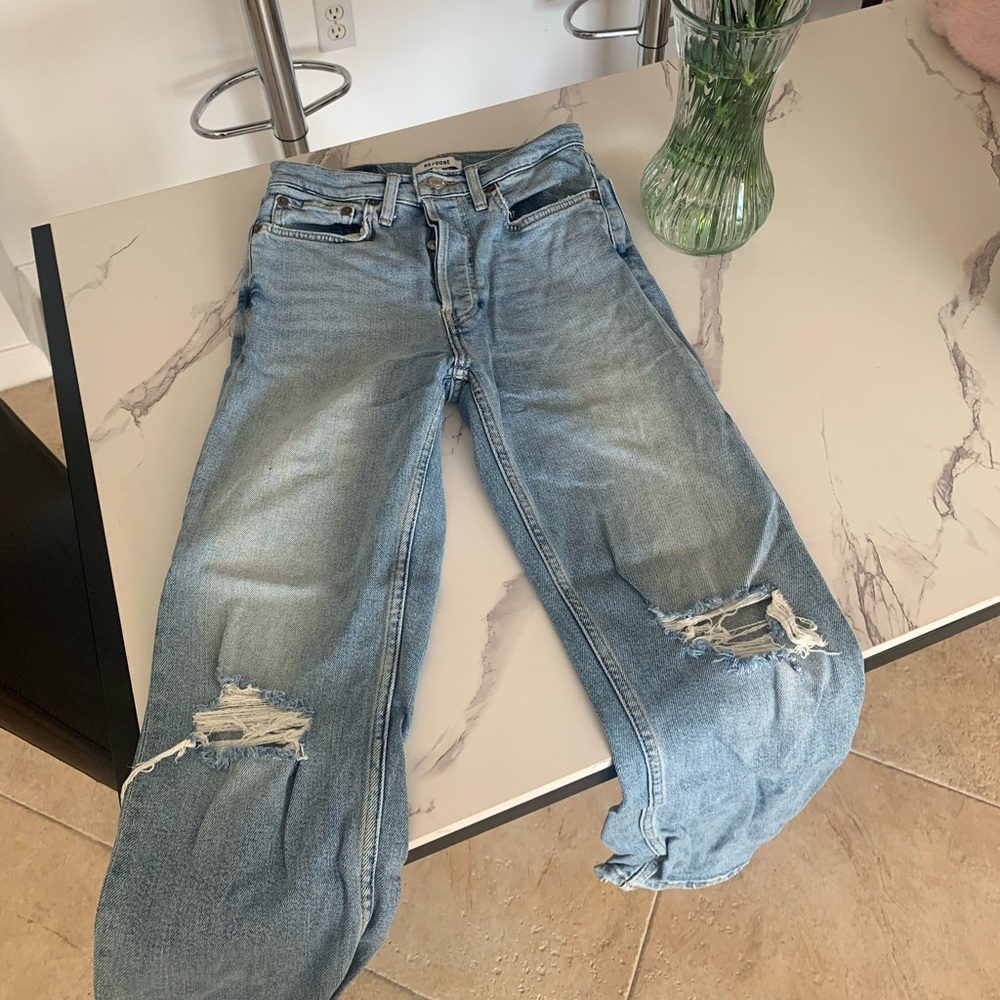 Re/Done Light Blue Distressed Ankle Jeans